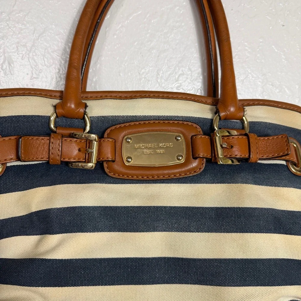 Michael Kors Hamilton Satchel Navy Cream Striped Canvas Leather Trim Handbag